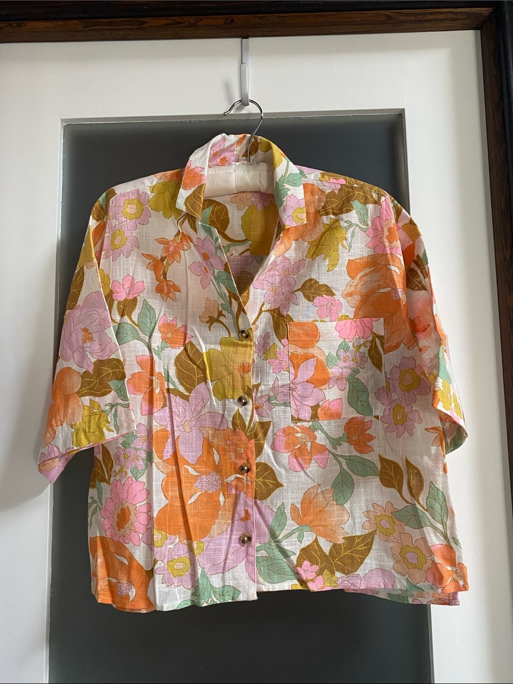 Billabong Short Sleeve Floral Button-Down in Orange, Pink & Green